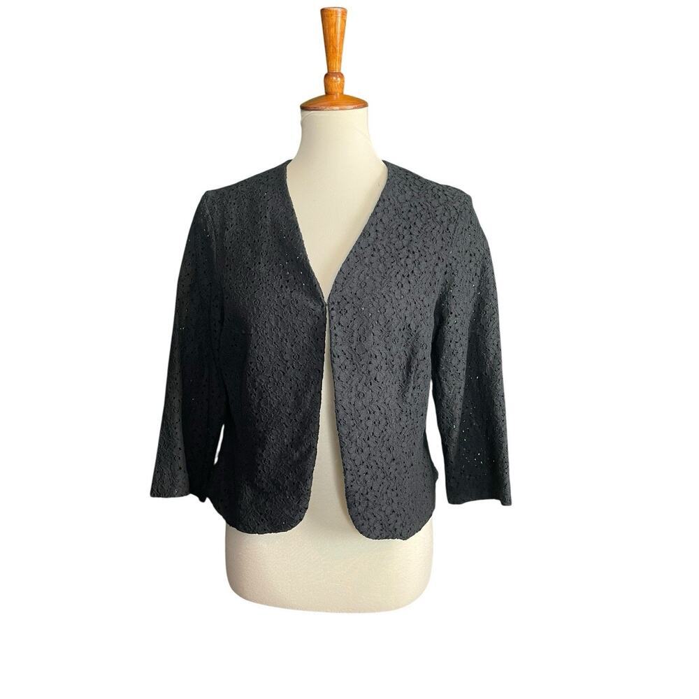 Vtg Petite Sophisticate Black Cropped Bolero Blazer Size 14 Eyelet Pattern Y2K